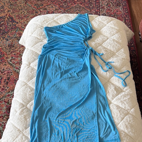 Dresses & Skirts - Bright Blue One-Shoulder Ruched Side Tie Dress